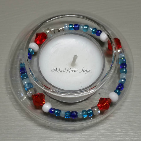 Tea Lights--Floating--Nautical Red White Blue Beaded Tea Light Set
