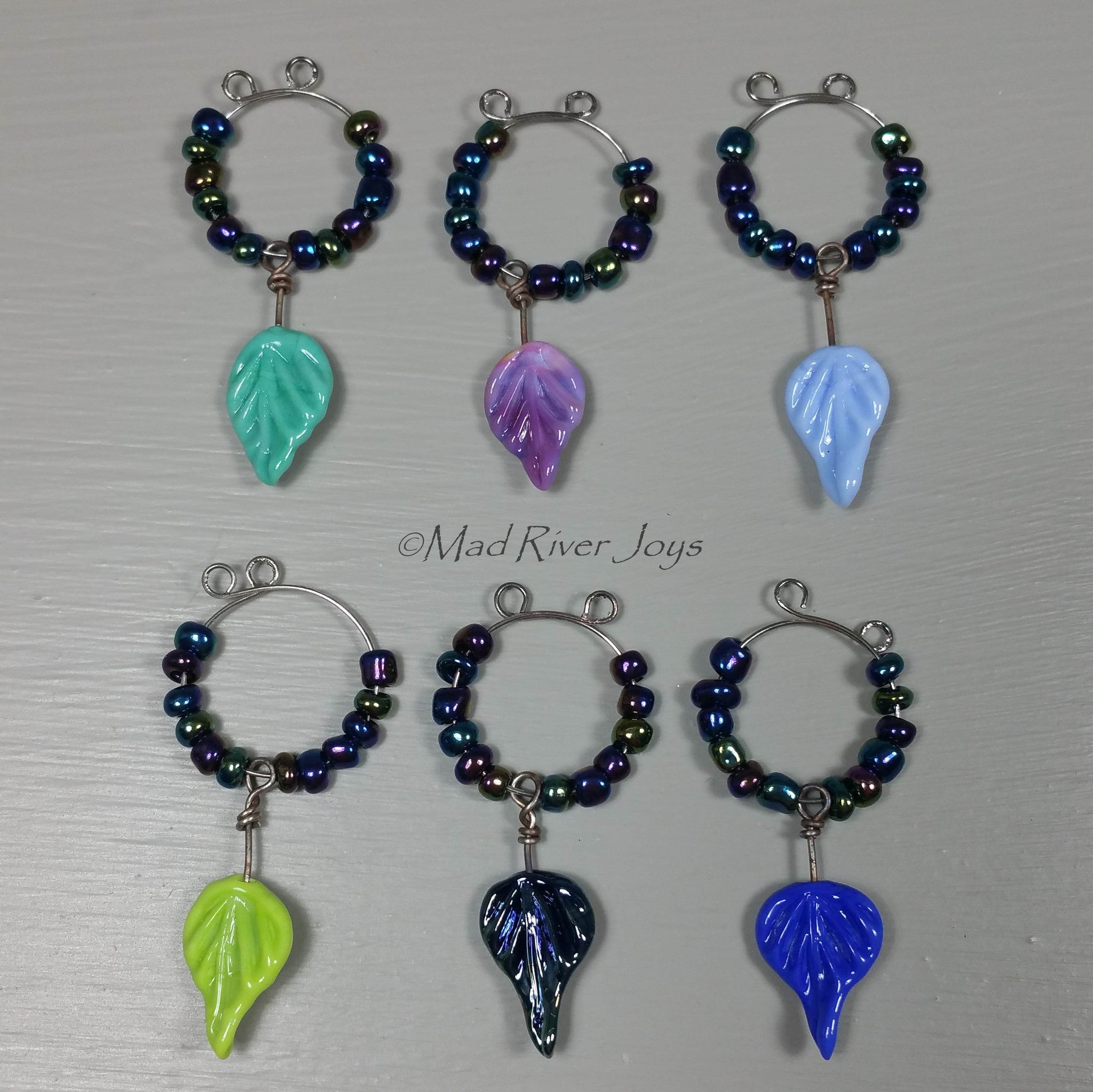 Wine Glass Charms--Lampwork Leaf--Funky Purple