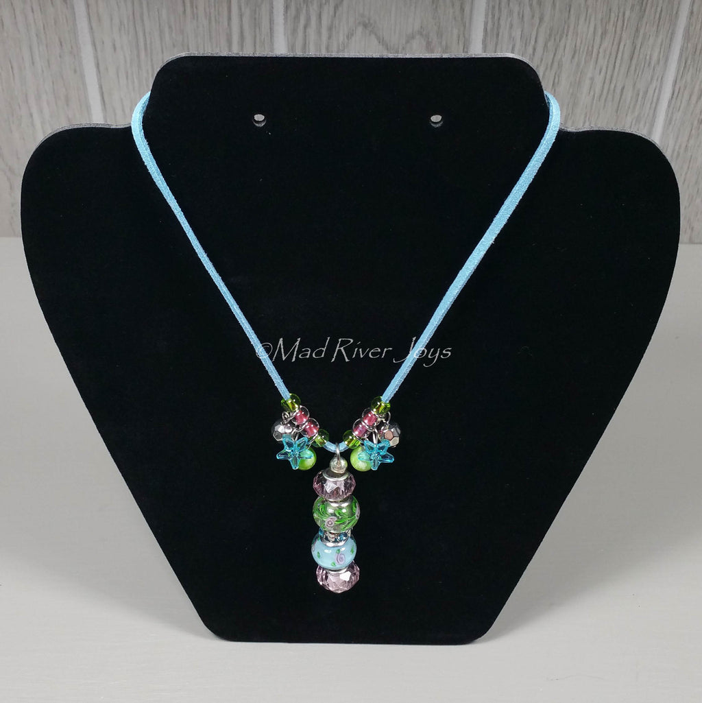 Necklace--Pink and Blue Glass Bead with Star Charms