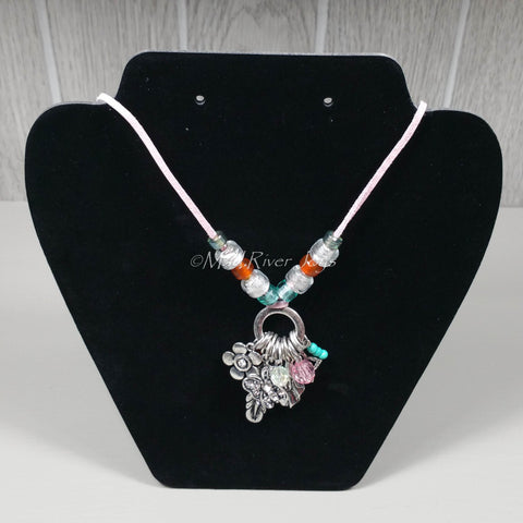 Necklace--Pink Feather/Butterfly Dangle