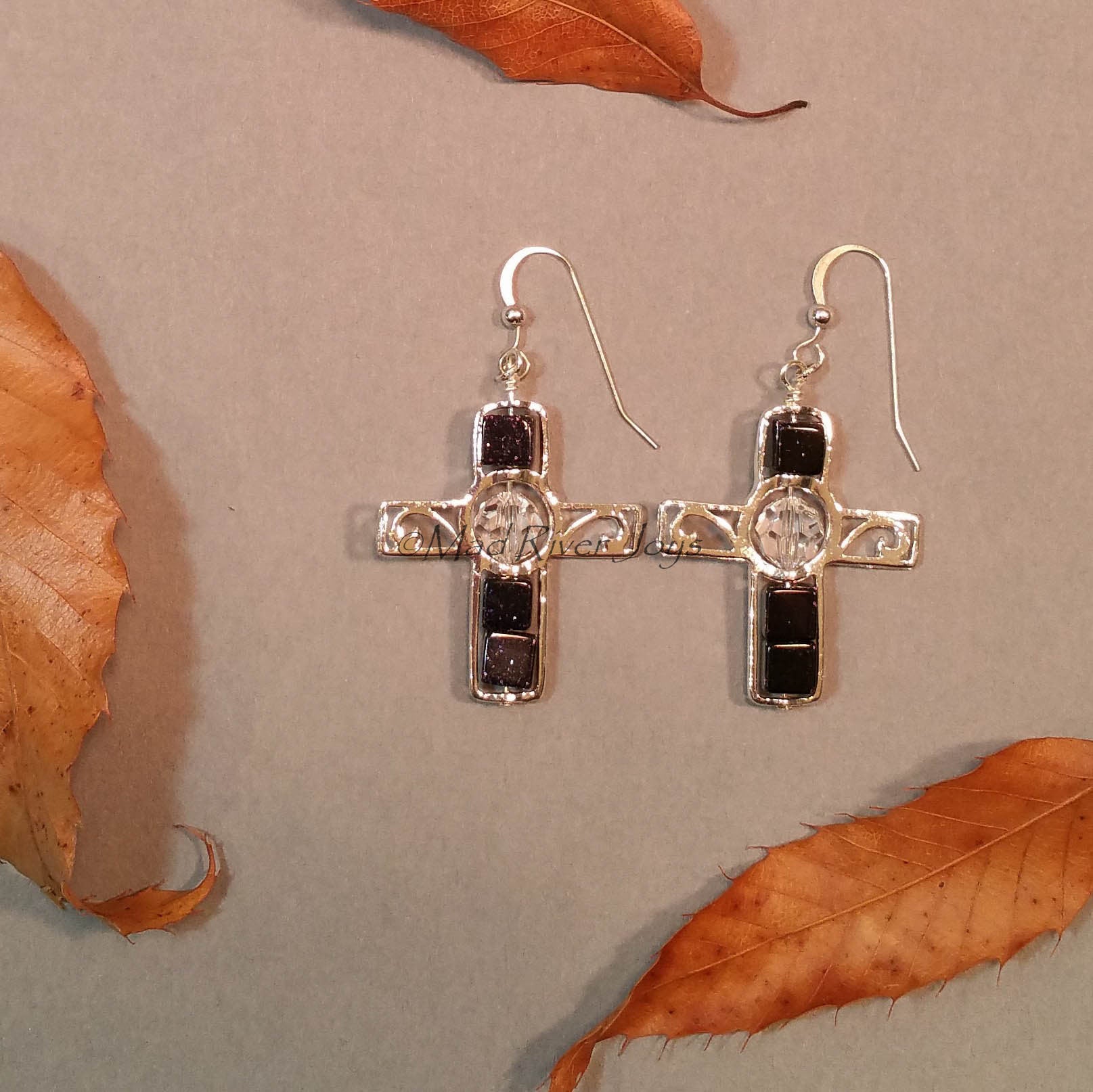 Earrings--Silver Cross--Crystal/Cobalt Goldstone