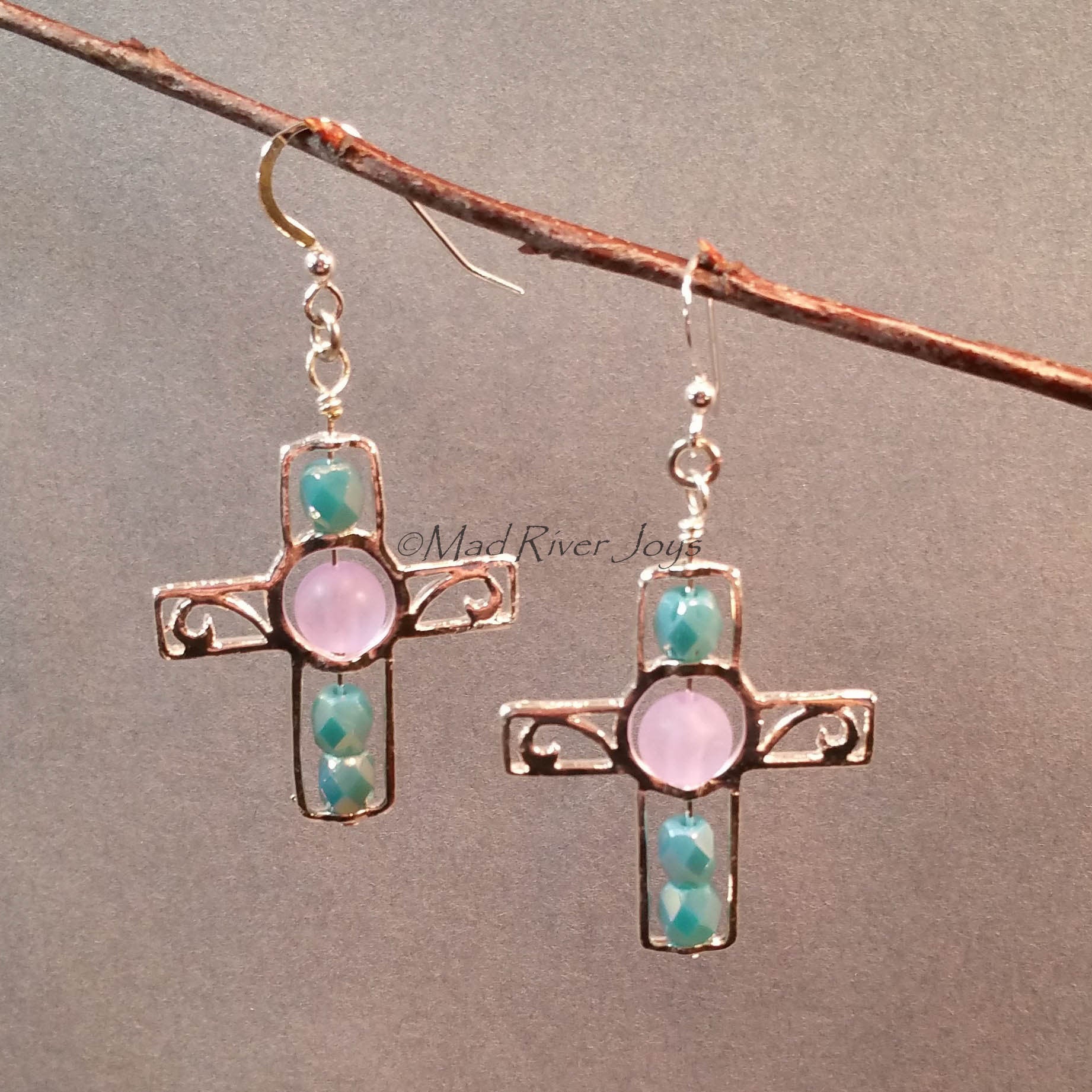 Earrings--Silver Cross--Lavender/Aqua