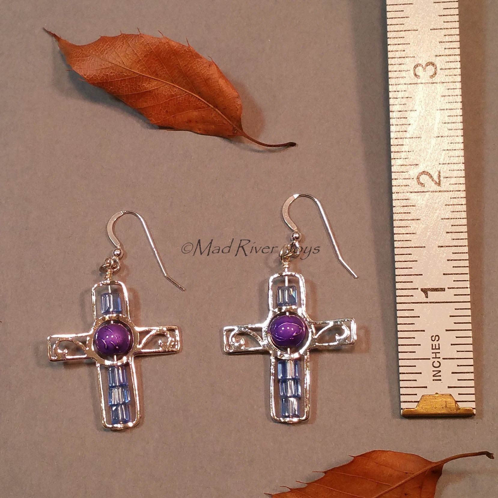 Earrings--Silver Cross--Blue/Purple
