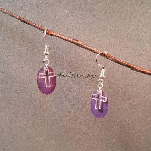Earrings--Crystal Cross--Purple/Silver