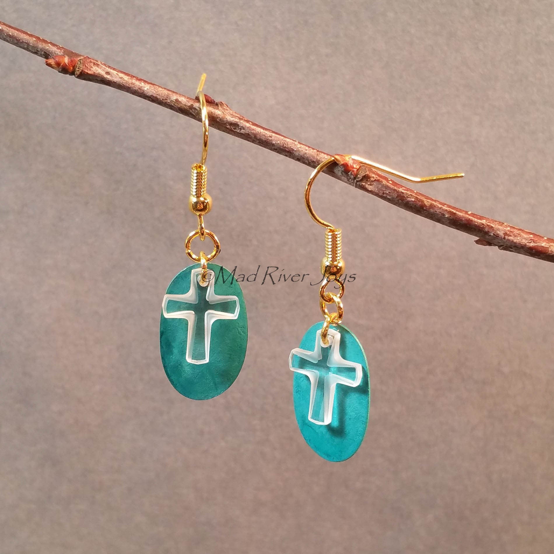 Earrings--Crystal Cross--Teal/Gold