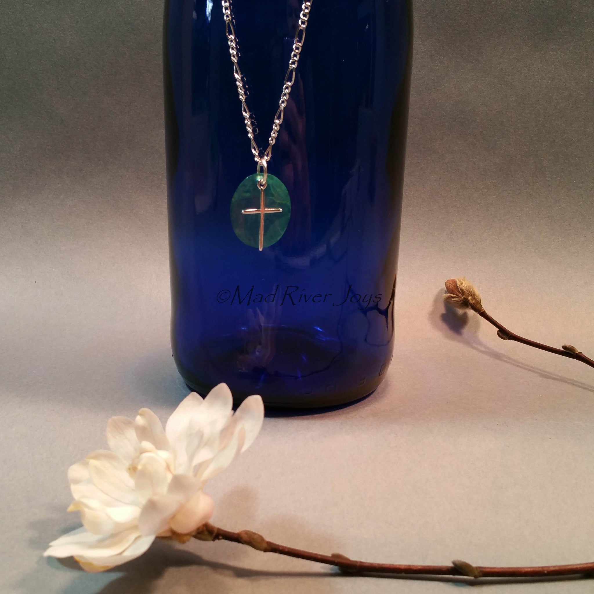 Necklace--Capiz Cross--Teal/Silver