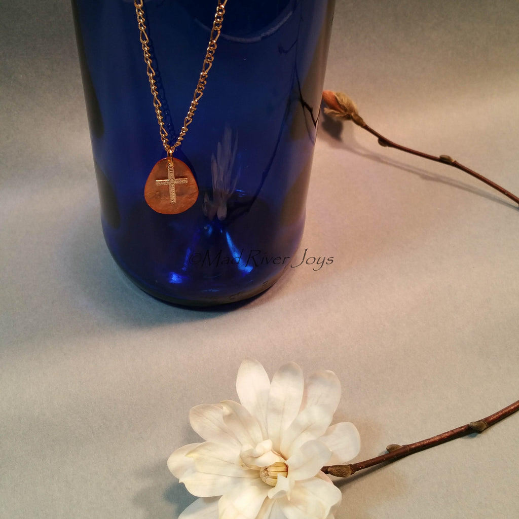 Necklace--Capiz Cross--Orange/Gold