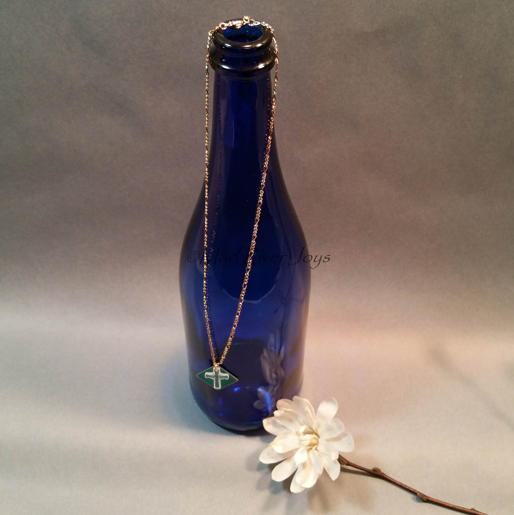 Necklace--Crystal Cross--Teal/Gold