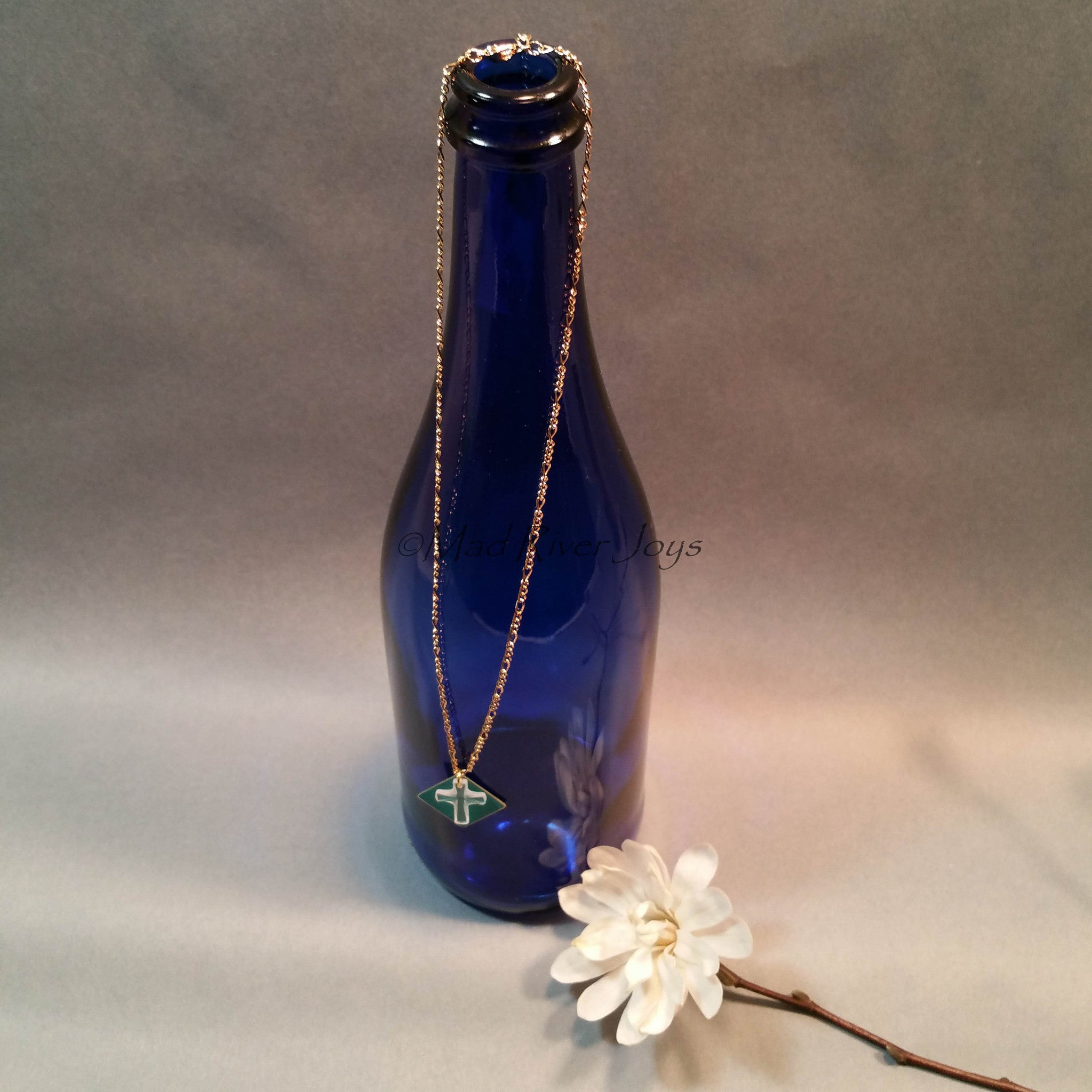 Necklace--Crystal Cross--Teal/Gold