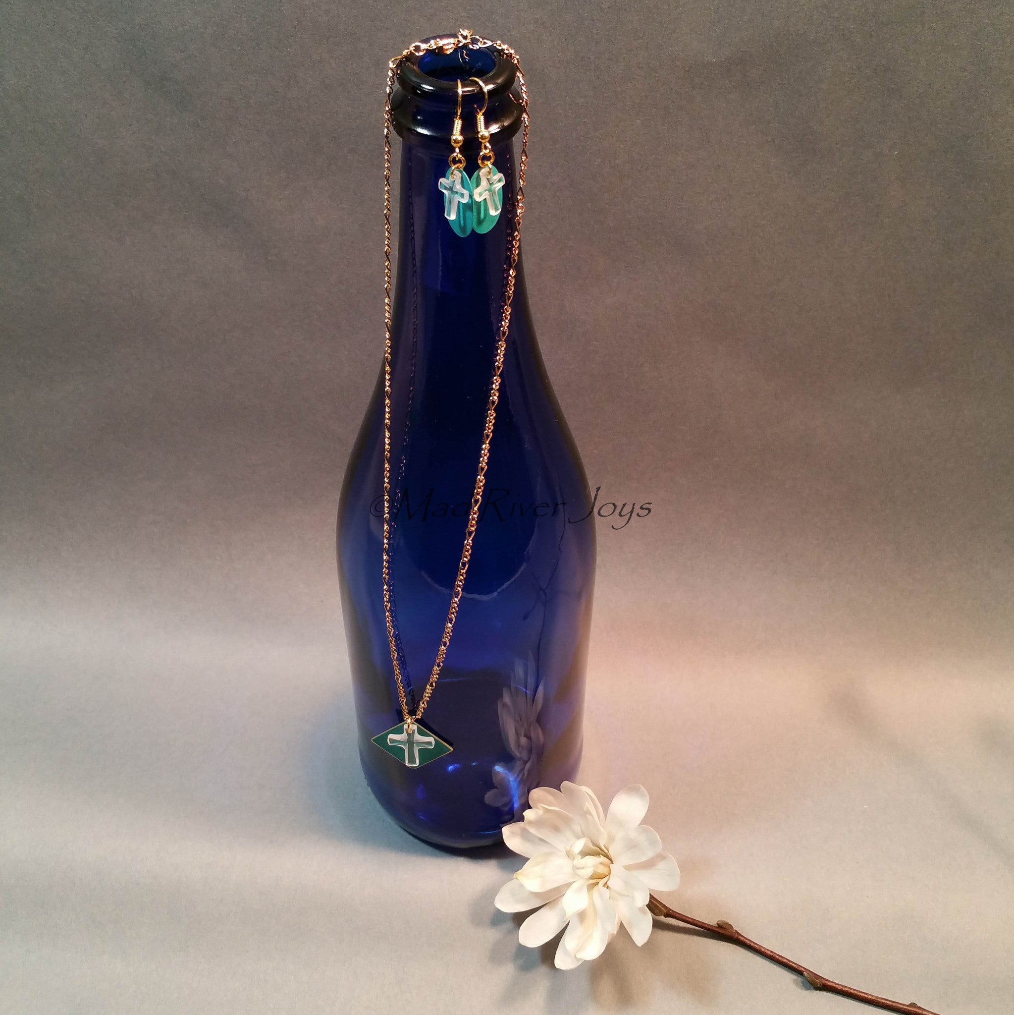 Necklace--Crystal Cross--Teal/Gold