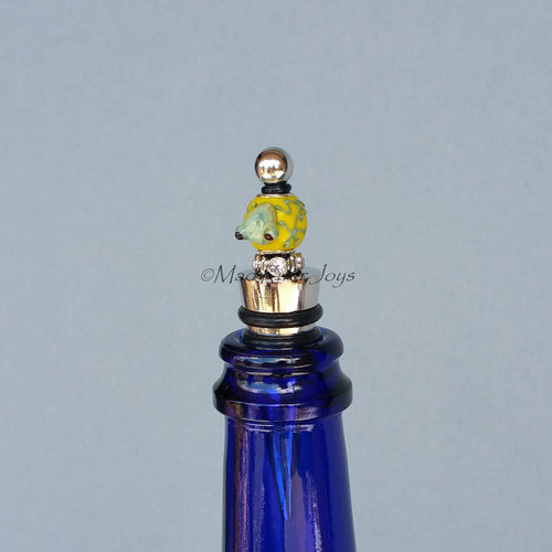 Bottle Stopper--Small Green Lampwork Frog on Yellow Glass Bead