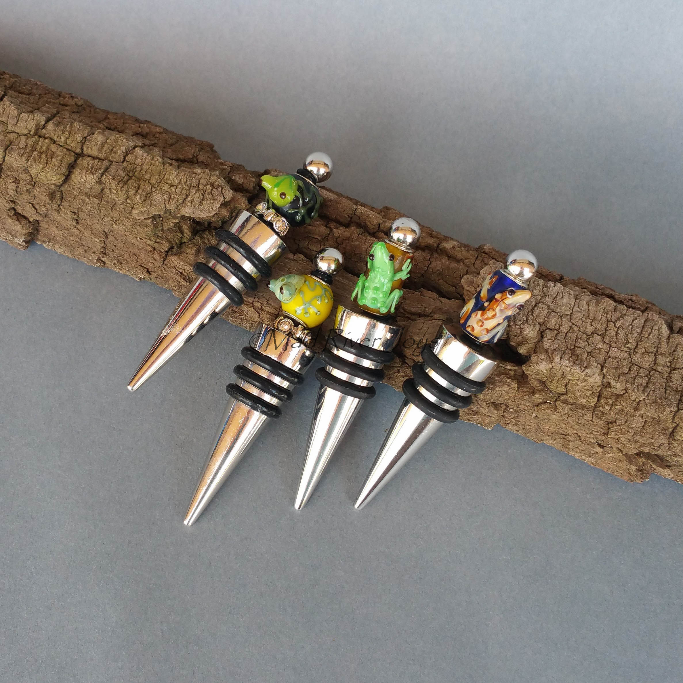 Bottle Stopper--Large Brown Lampwork Frog on Dark Blue Glass Bead