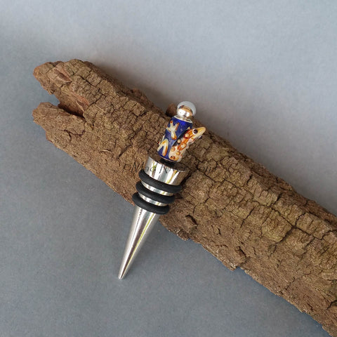 Bottle Stopper--Large Brown Lampwork Frog on Dark Blue Glass Bead