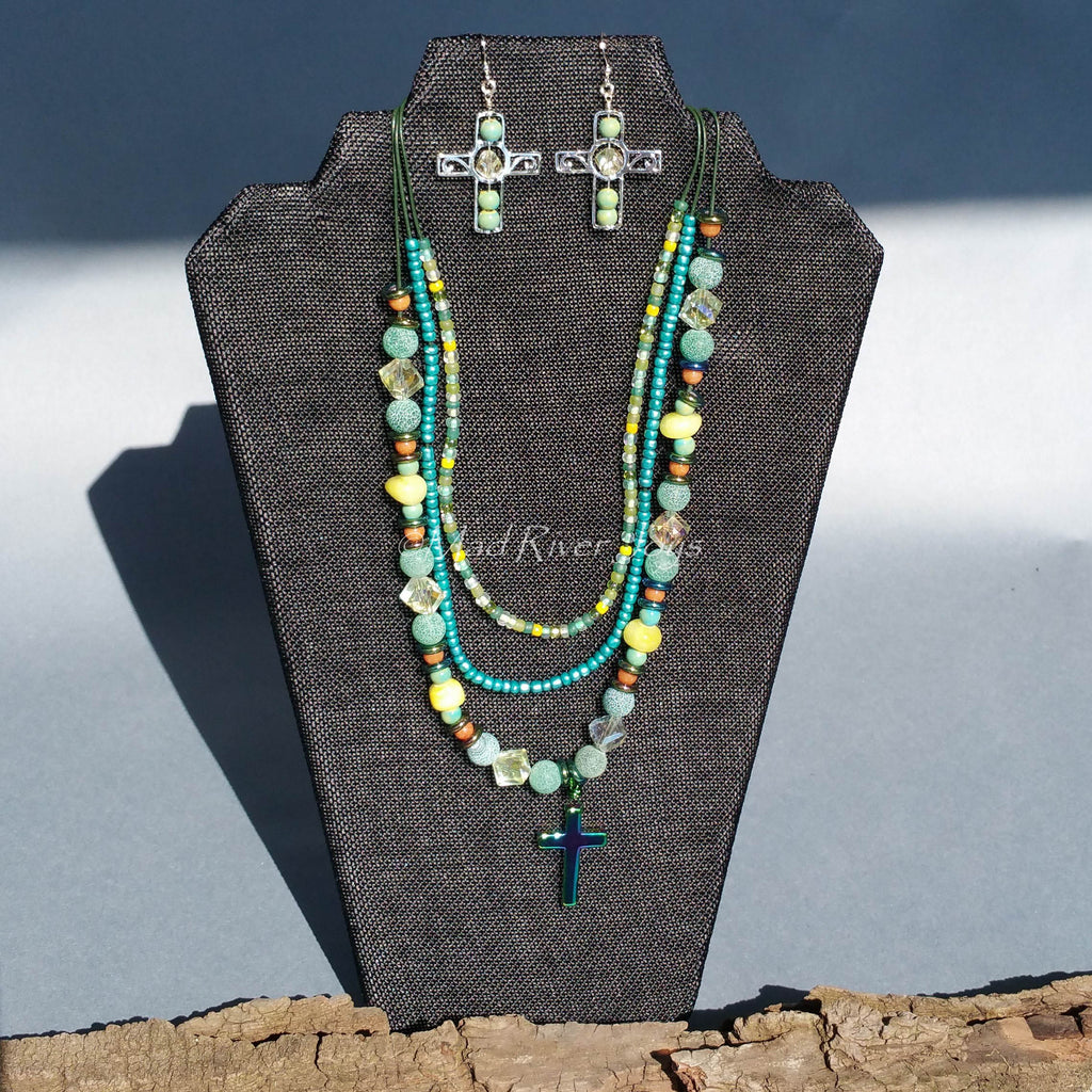 Earrings--Silver Cross--Yellow Crystal/Green Raku