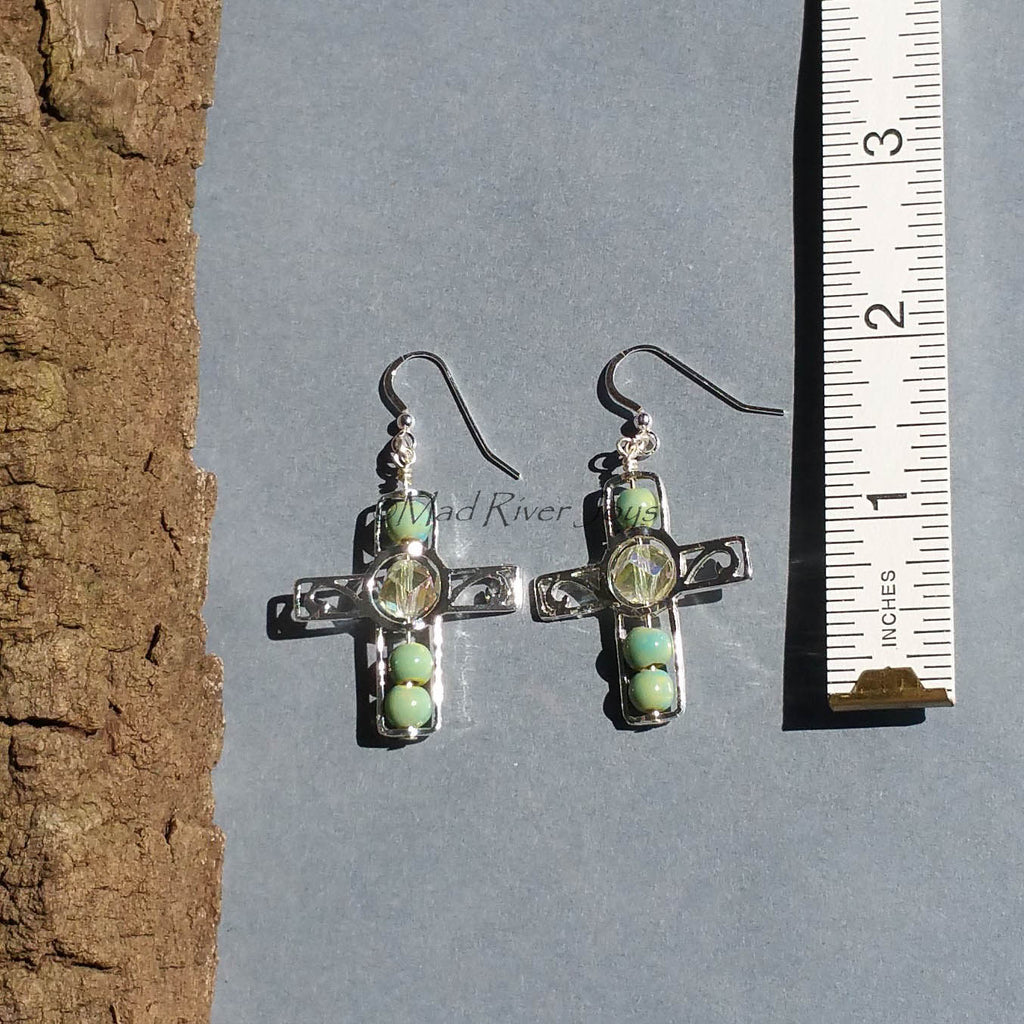 Earrings--Silver Cross--Yellow Crystal/Green Raku